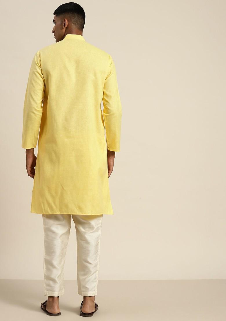 Yellow Solid Poly Blend Kurta For Men
