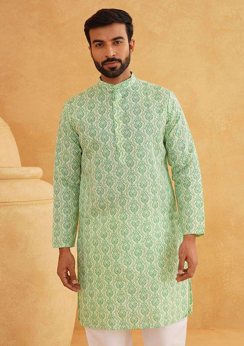 Green Ethnic Motifs Cotton Kurta For Men - Indya