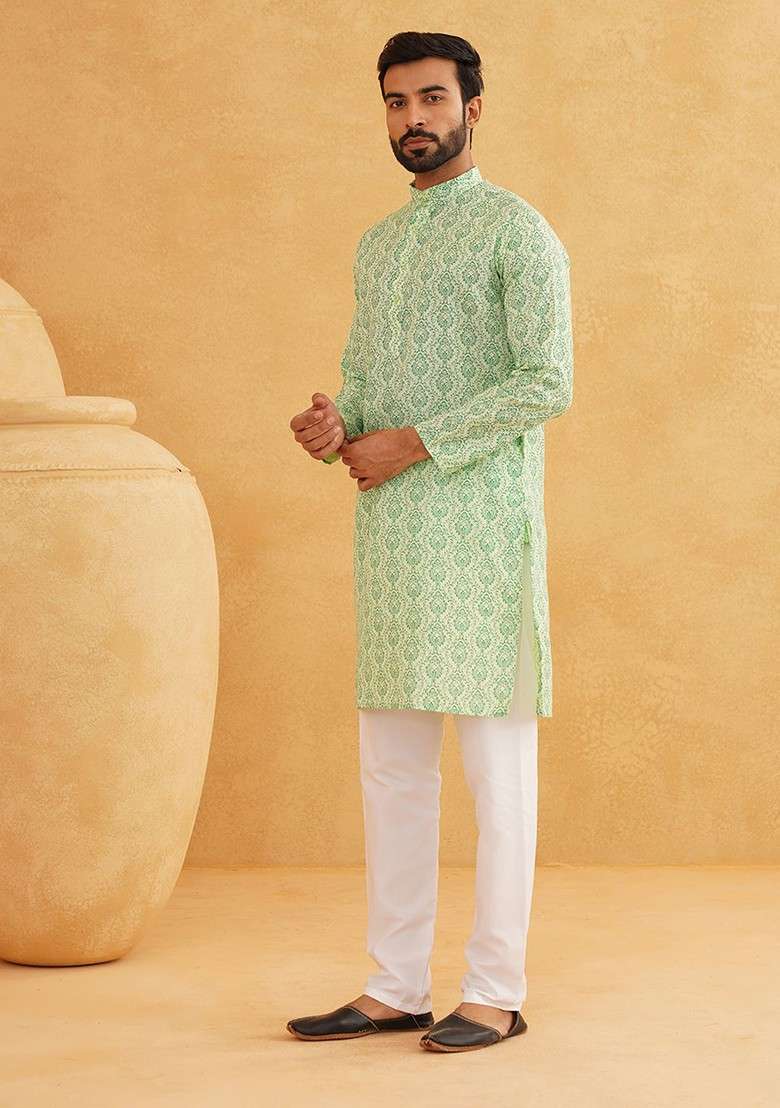 Green Ethnic Motifs Cotton Kurta For Men - Indya