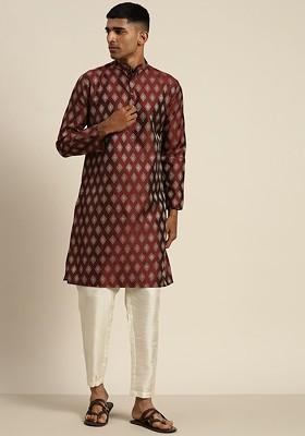 Maroon Ethnic Motifs Cotton Kurta For Men