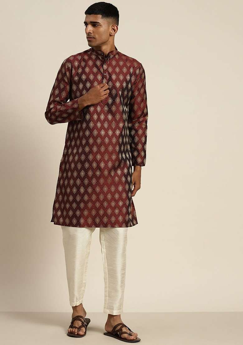 Maroon Ethnic Motifs Cotton Kurta For Men - Indya