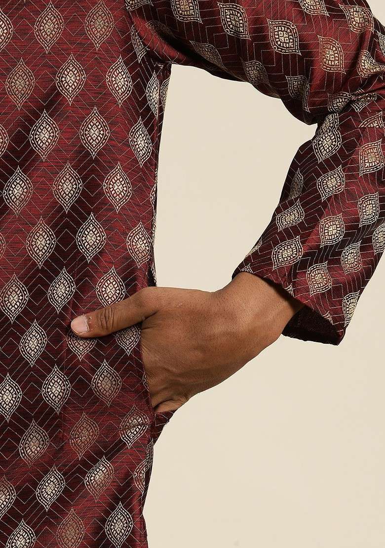 Maroon Ethnic Motifs Cotton Kurta For Men - Indya