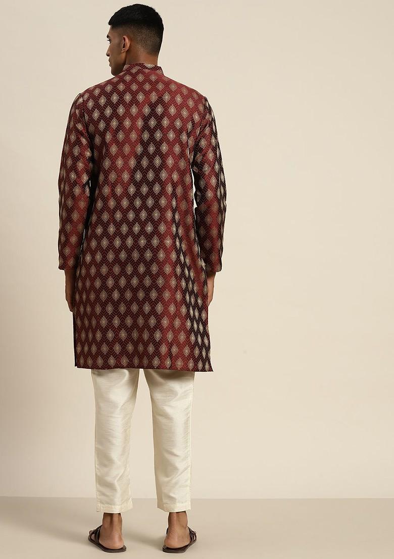 Maroon Ethnic Motifs Cotton Kurta For Men