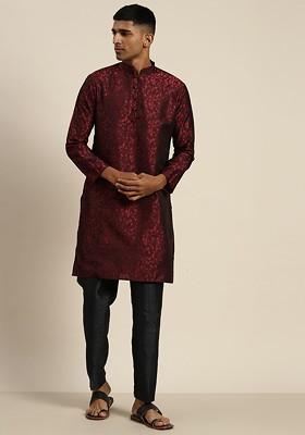 Maroon Printed Poly Blend Kurta For Men
