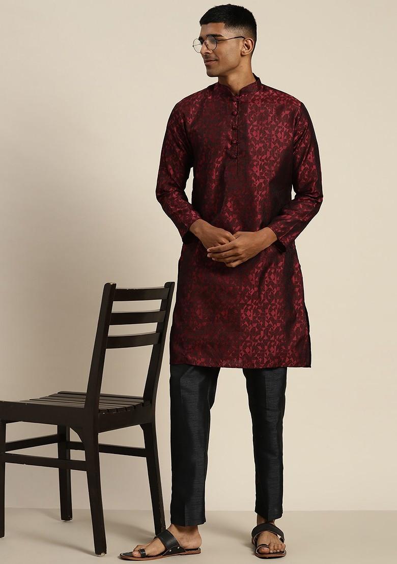 Maroon Printed Poly Blend Kurta For Men