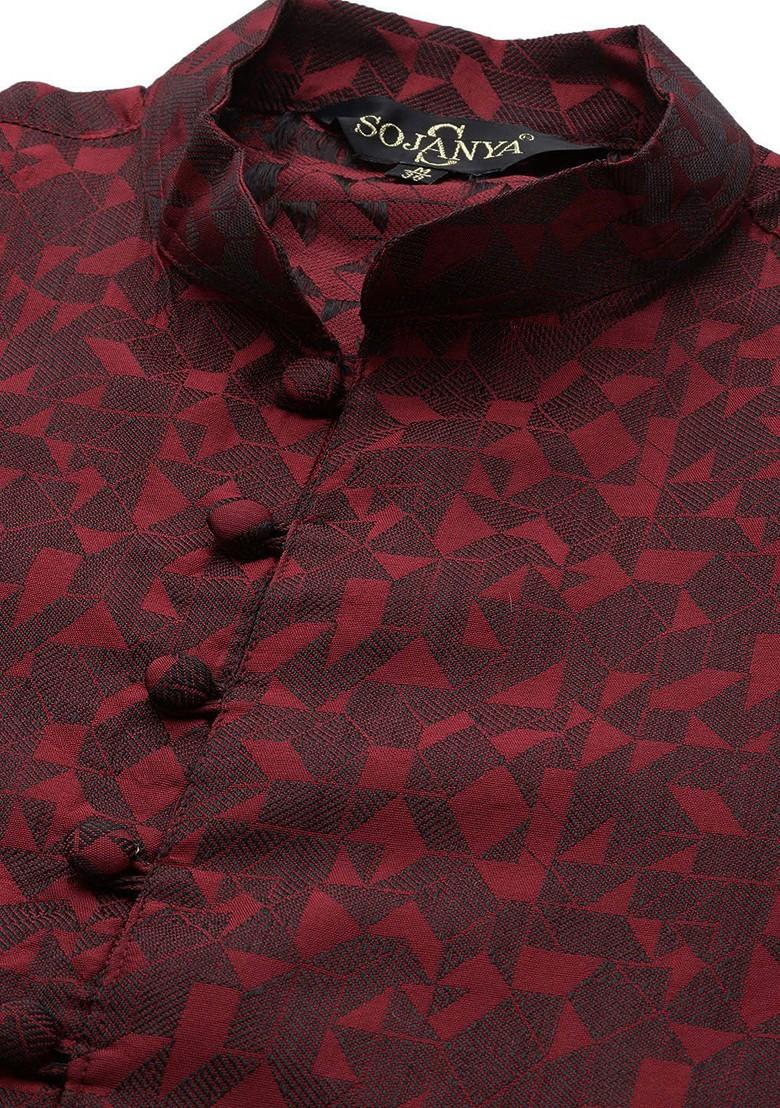 Maroon Printed Poly Blend Kurta For Men