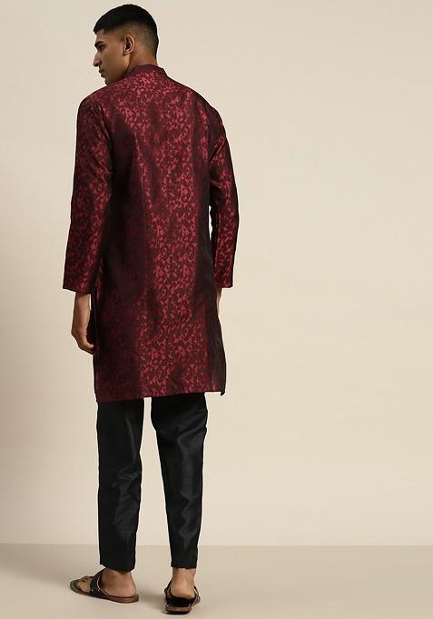 Maroon Printed Poly Blend Kurta For Men