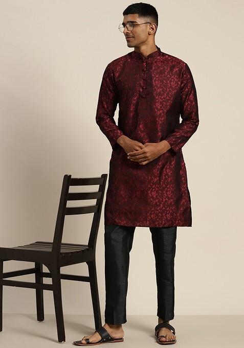 Maroon Printed Poly Blend Kurta For Men