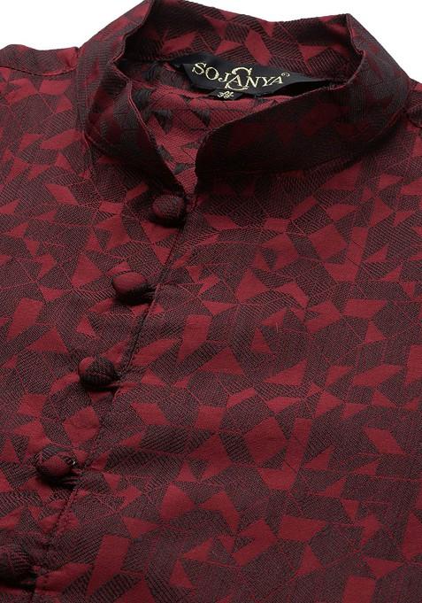 Maroon Printed Poly Blend Kurta For Men