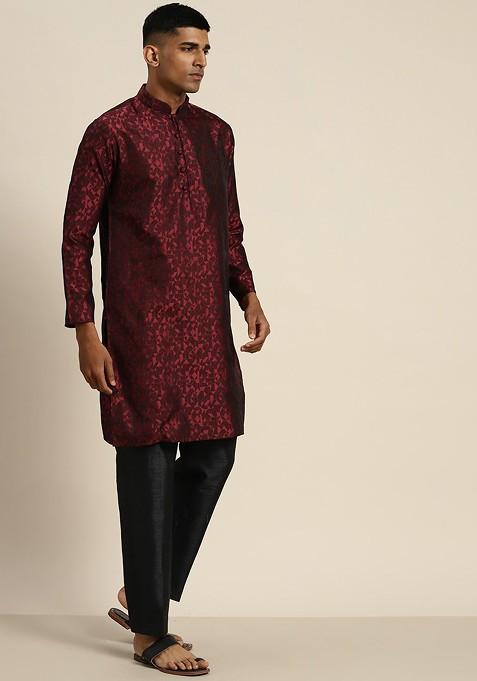 Maroon Printed Poly Blend Kurta For Men