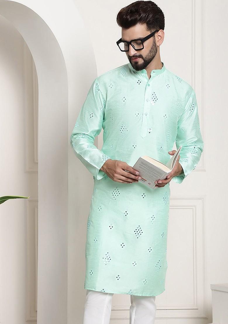 Sea Green Mirror Work Poly Blend Kurta For Men
