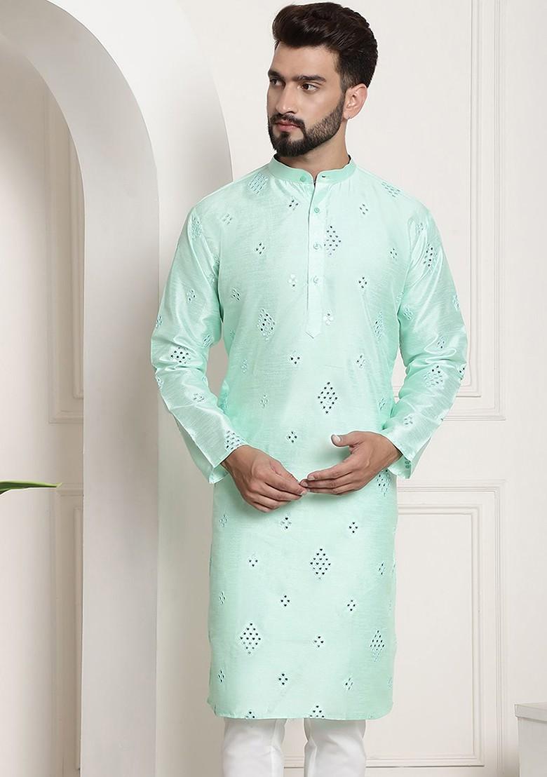 Sea Green Mirror Work Poly Blend Kurta For Men