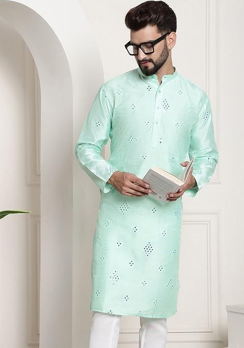 Sea Green Mirror Work Poly Blend Kurta For Men