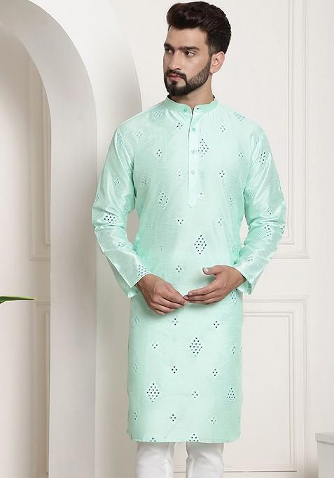 Sea Green Mirror Work Poly Blend Kurta For Men
