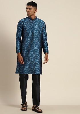 Blue Geometric Print Poly Blend Kurta For Men