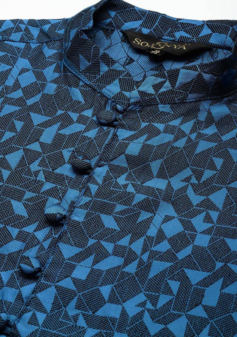 Blue Geometric Print Poly Blend Kurta For Men