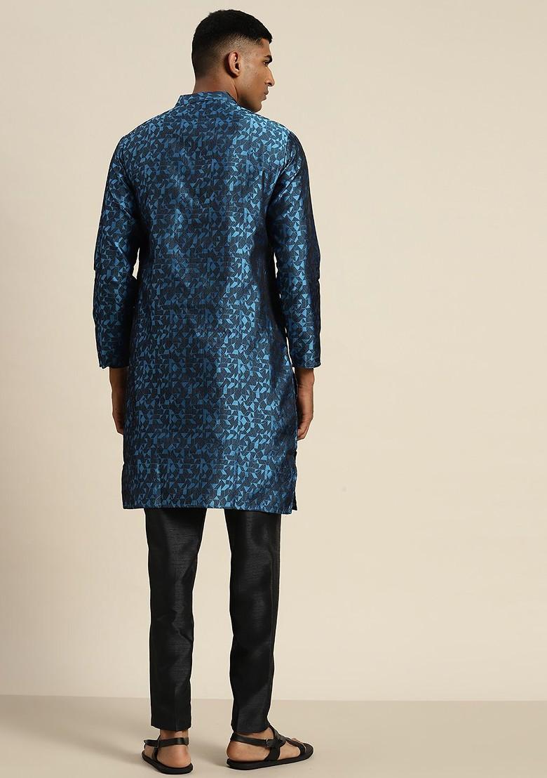 Blue Geometric Print Poly Blend Kurta For Men