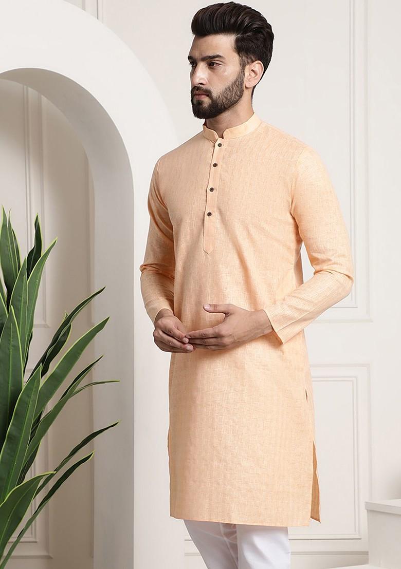 Peach Checked Cotton Kurta For Men