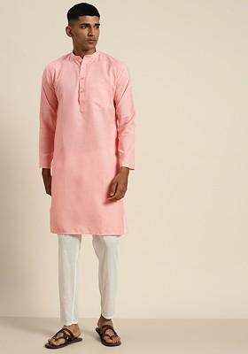 Pink Solid Poly Blend Kurta For Men