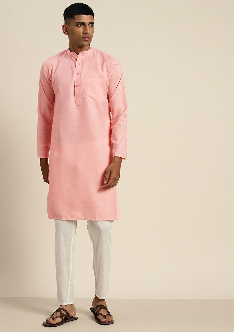 Pink Solid Poly Blend Kurta For Men