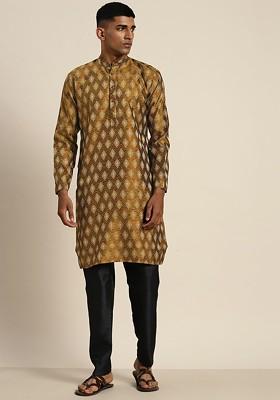 Mustard Ethnic Motifs Cotton Kurta For Men