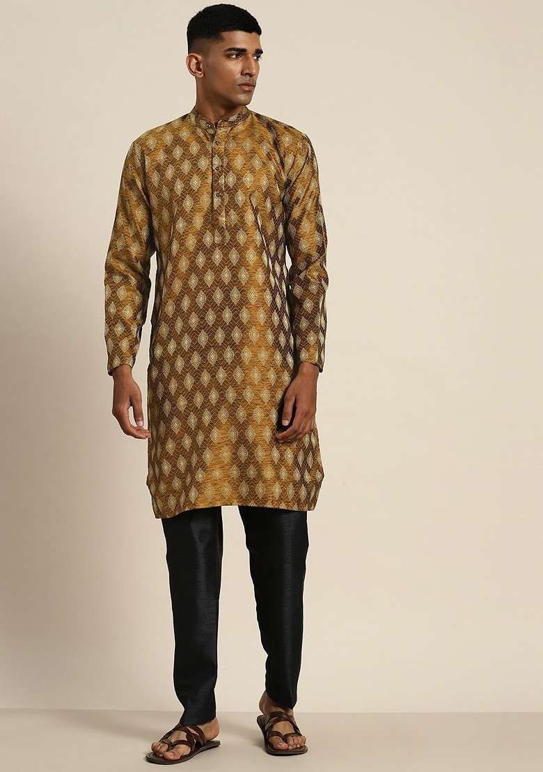 Mustard Ethnic Motifs Cotton Kurta For Men - Indya