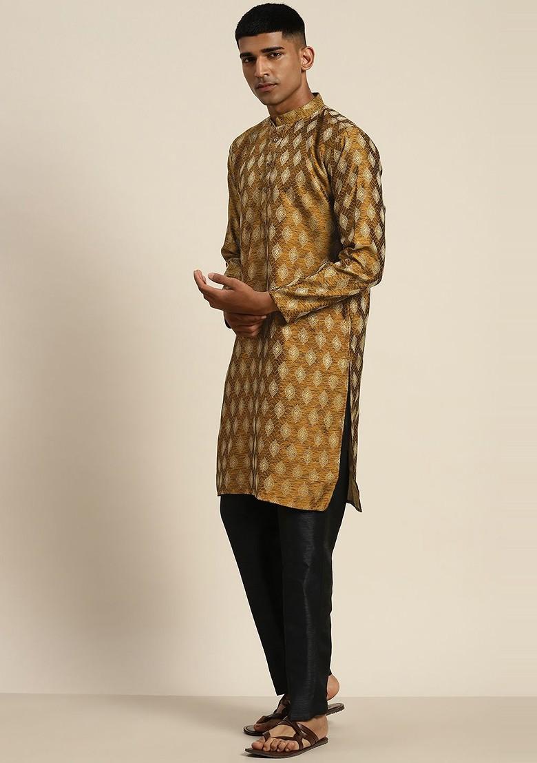Mustard Ethnic Motifs Cotton Kurta For Men
