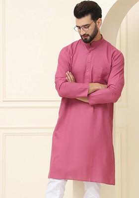 Pink Solid Cotton Kurta For Men