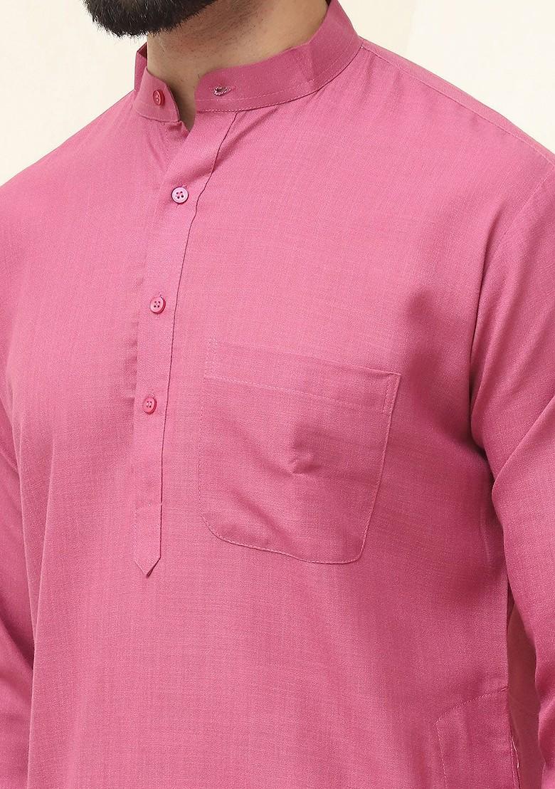 Pink Solid Cotton Kurta For Men