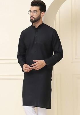 Black Solid Cotton Kurta For Men