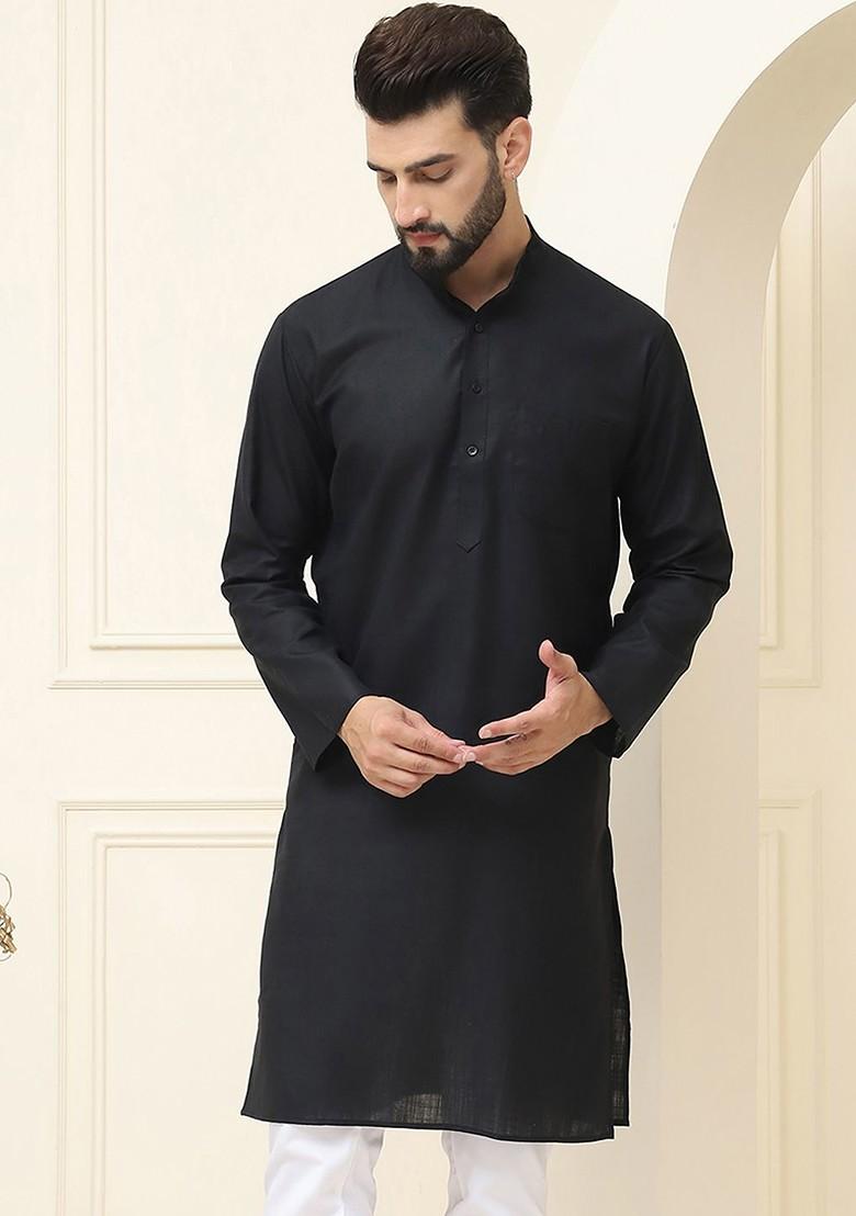 Black Solid Cotton Kurta For Men