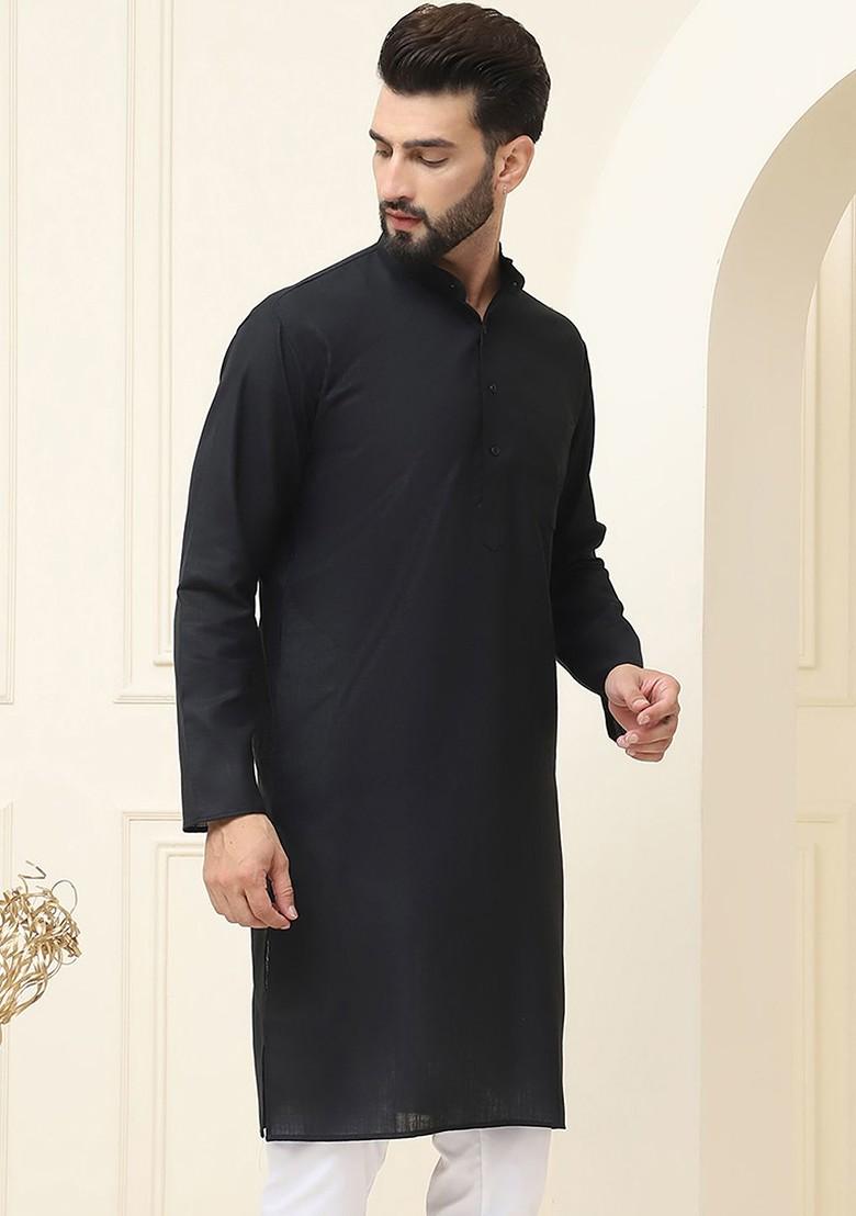 Black Solid Cotton Kurta For Men