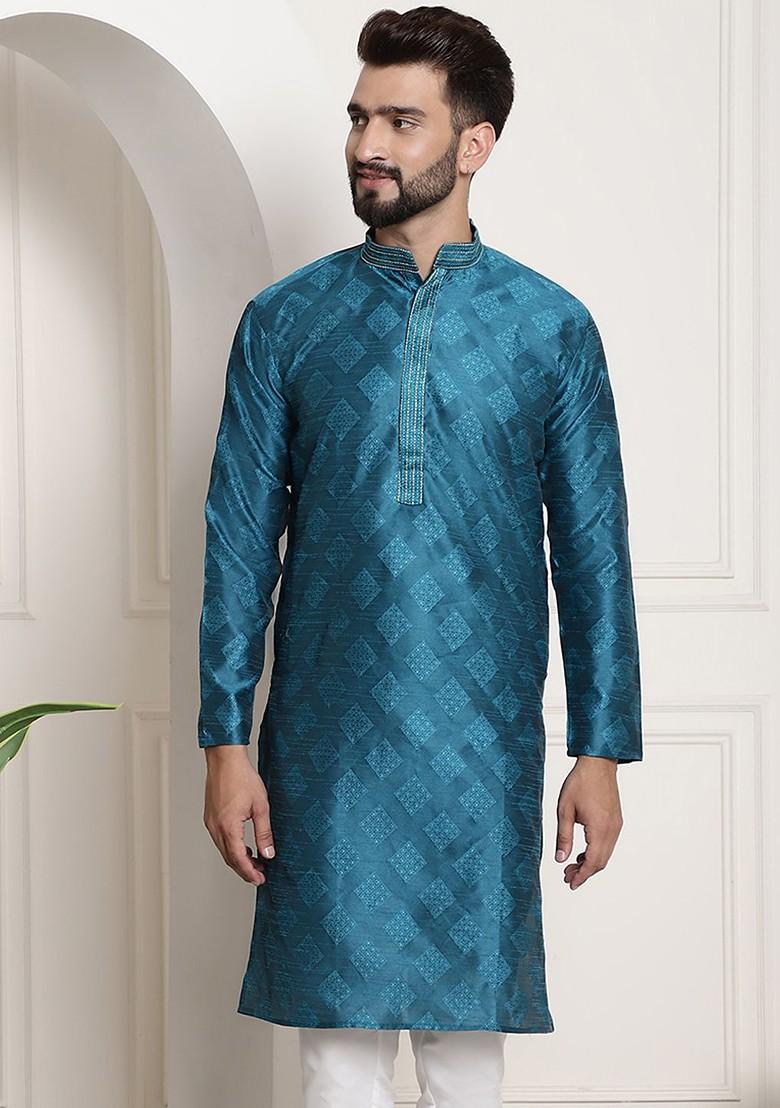 Blue Ethnic Motifs Cotton Kurta For Men