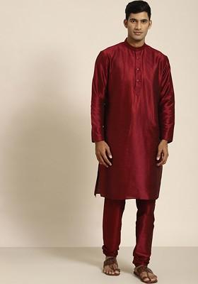 Maroon Solid Jacquard Kurta For Men