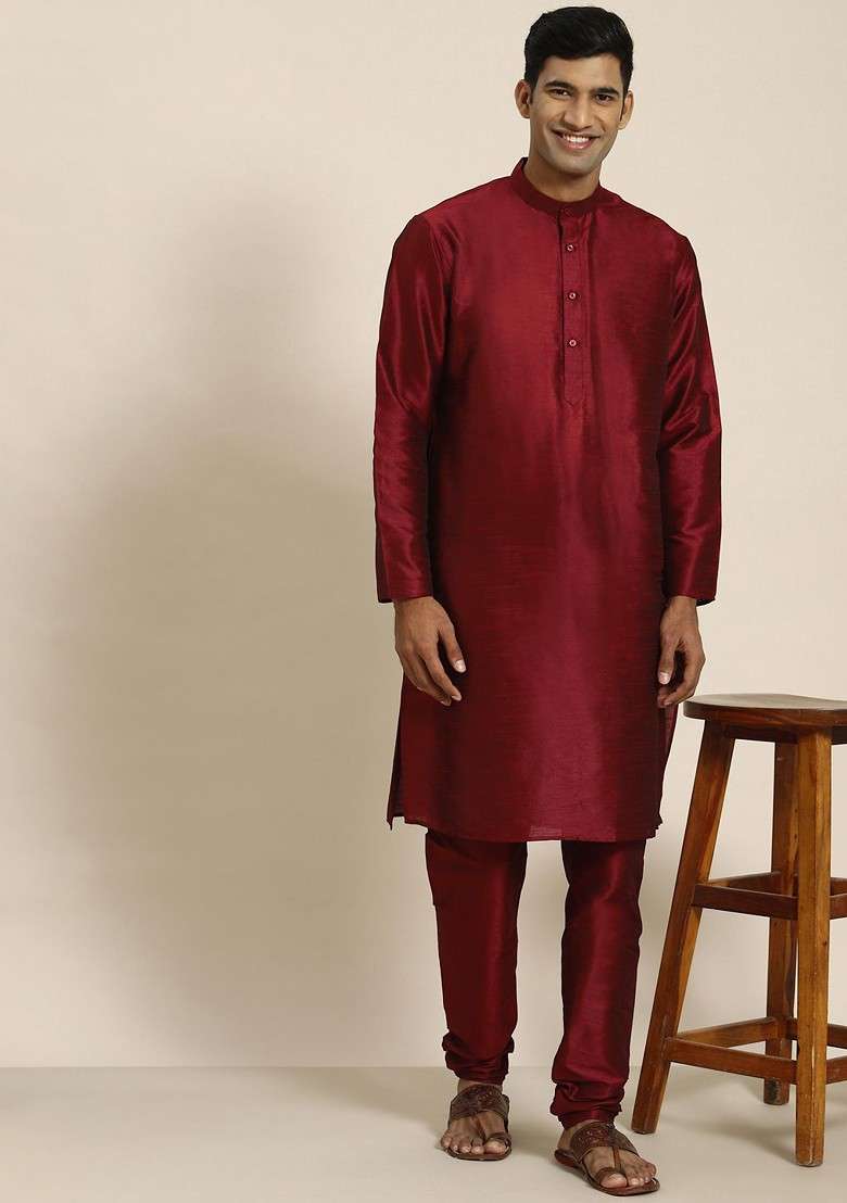 Maroon Solid Jacquard Kurta For Men - Indya
