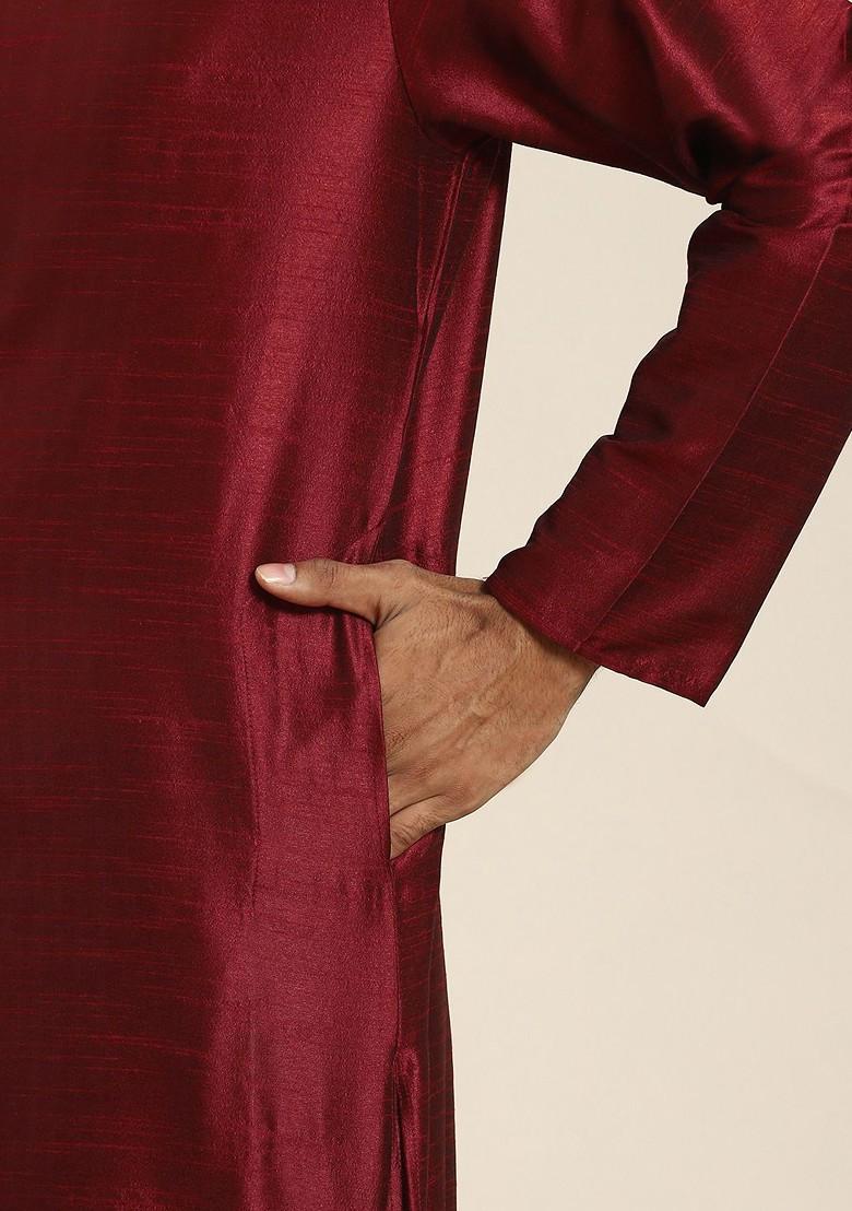Maroon Solid Jacquard Kurta For Men
