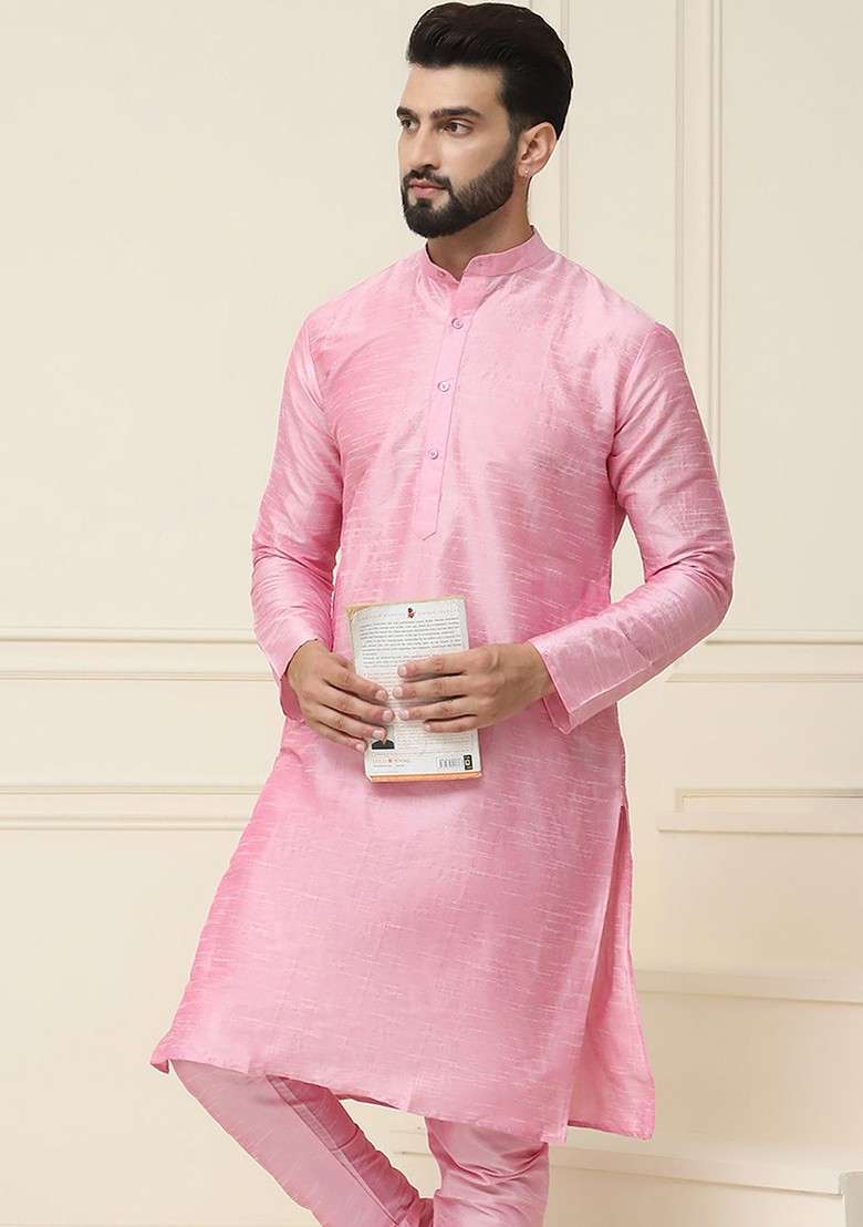 Pink Solid Jacquard Kurta For Men - Indya