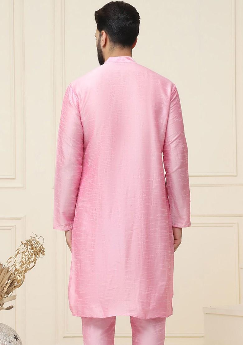 Pink Solid Jacquard Kurta For Men