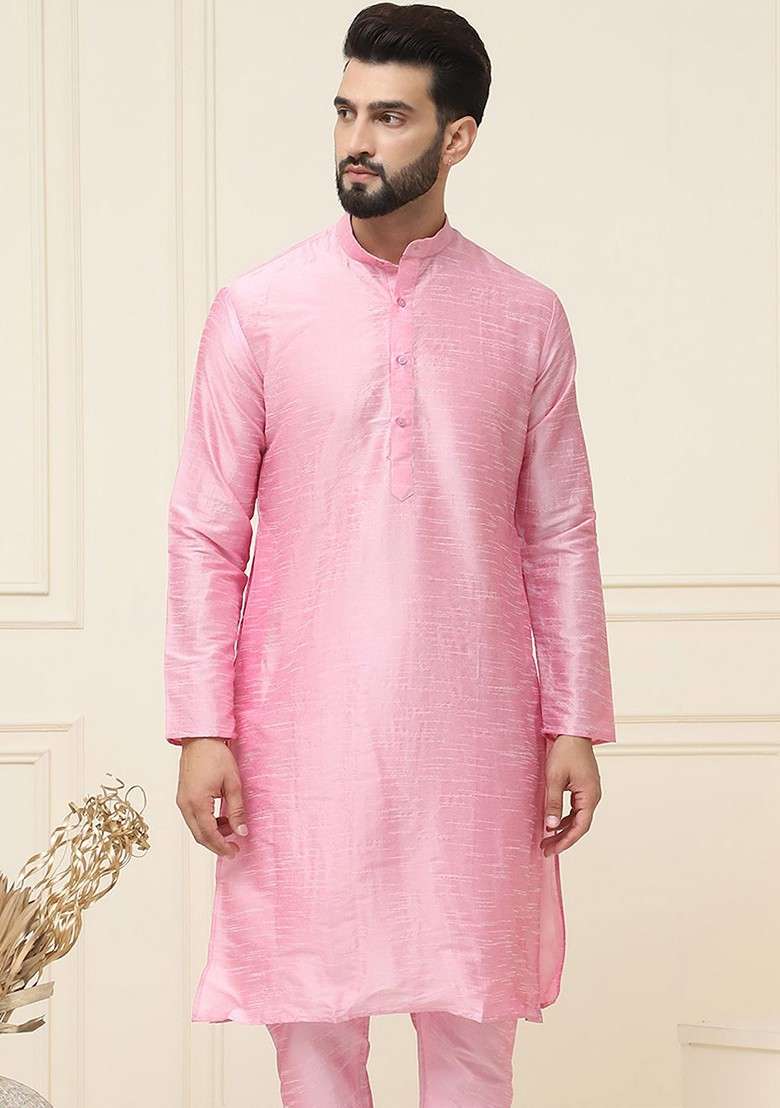 Pink Solid Jacquard Kurta For Men - Indya