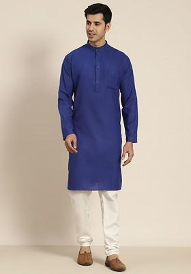 Navy Blue Solid Poly Blend Kurta For Men