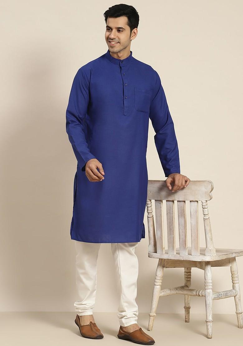 Navy Blue Solid Poly Blend Kurta For Men