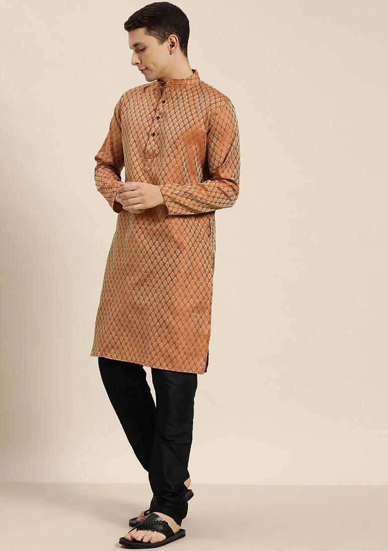 Orange Solid Jacquard Kurta For Men
