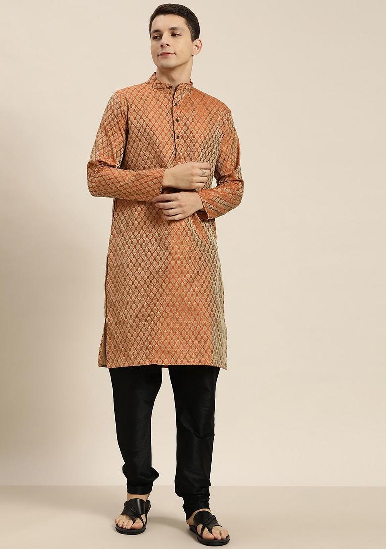 Orange Solid Jacquard Kurta For Men