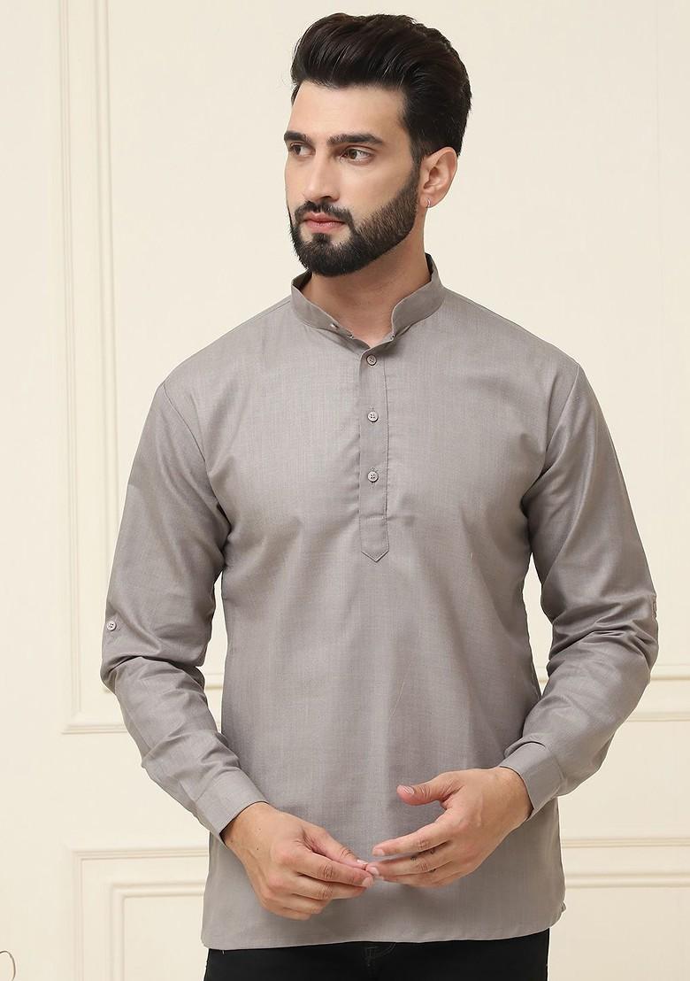 Grey Solid Cotton Kurta For Men