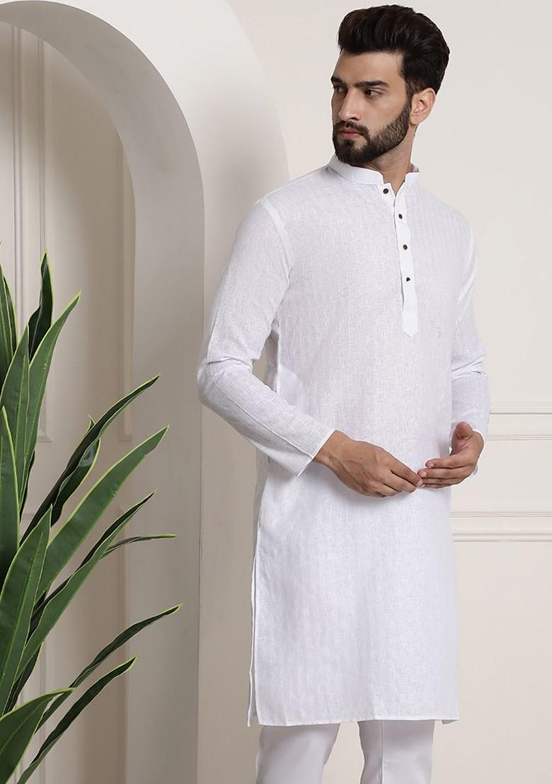 White Checked Poly Blend Kurta For Men