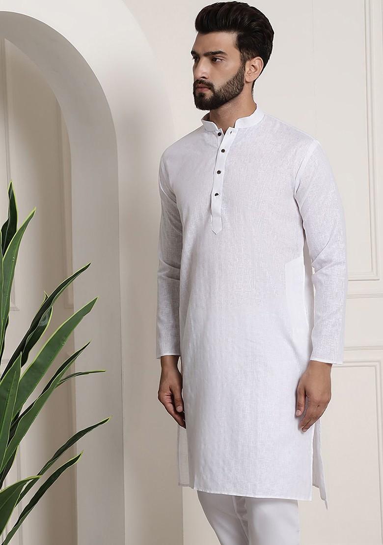White Checked Poly Blend Kurta For Men