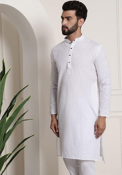 White Checked Poly Blend Kurta For Men