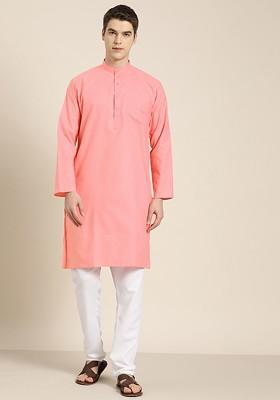 Pink Solid Cotton Kurta For Men