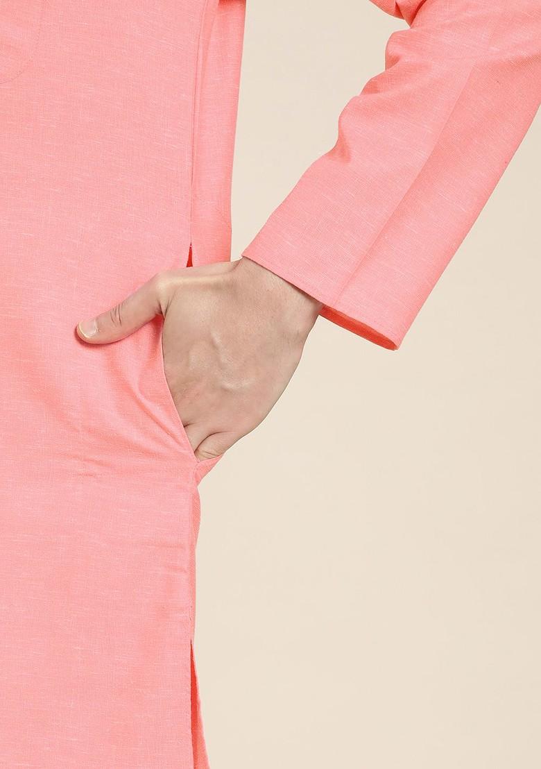 Pink Solid Cotton Kurta For Men