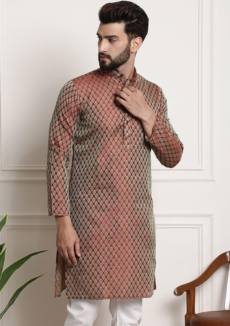 Maroon Ethnic Motifs Jacquard Kurta For Men